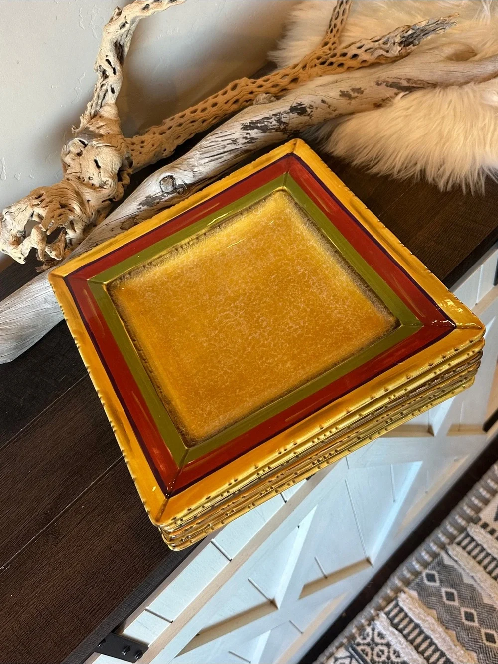 Clay Art Toscana StoneLite Hand Painted Square Set Of 6 Dinner Plates 11”